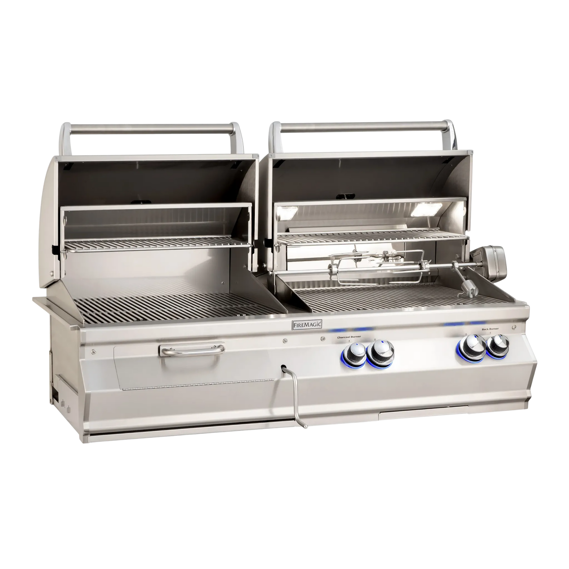 Stainless steel grill with multiple burners on a white background
