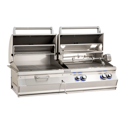 Stainless steel grill with multiple burners on a white background