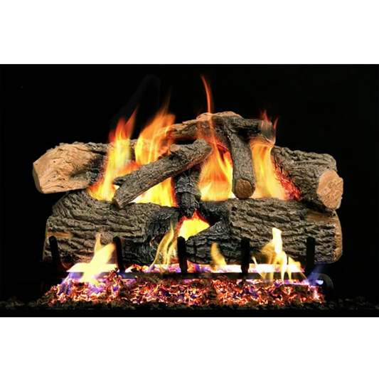 Charred evergreen oak vented gas log set